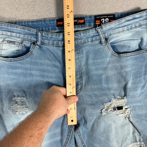 Riot Empire Jeans Men Fit 38x30 Slim Tapered Fit Light Wash Distressed Denim Y2K - Picture 10 of 12